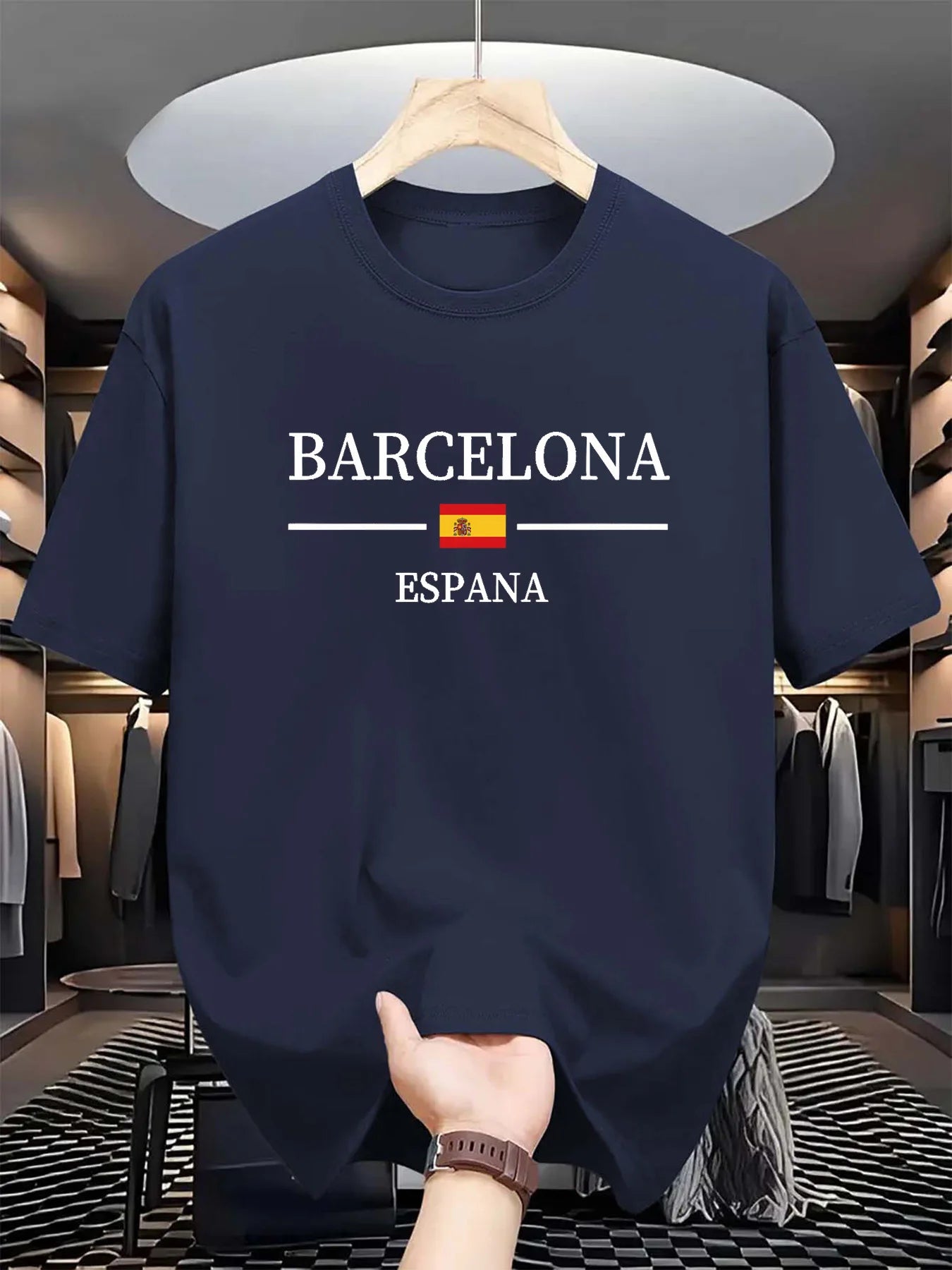 Summer men's 100% pure cotton casual sports loose Barcelona Spanish letter printed comfortable round neck short sleeved T-shirt