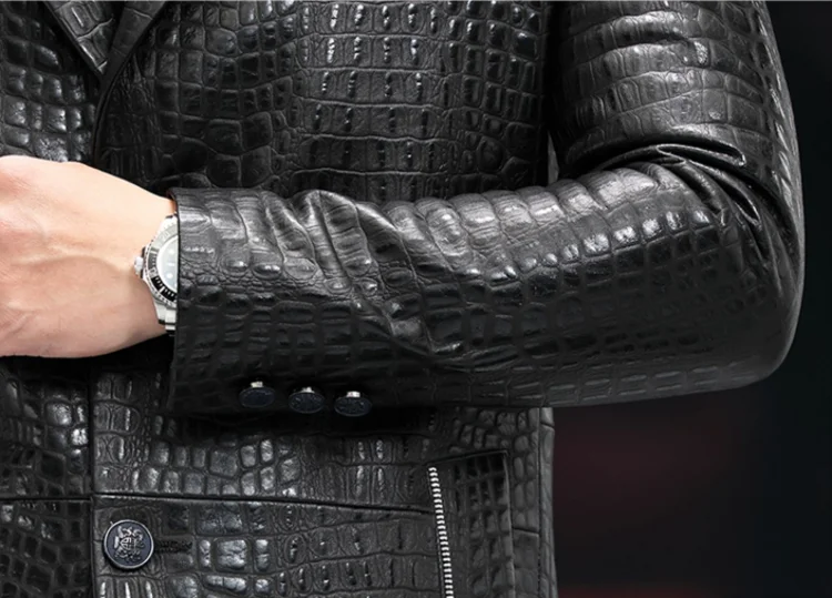High Quality Luxury Genuine Leather Blazers Men Spring Slim Office Man Embossing Real Sheepskin Coat Suit Jacket Size Runs Small