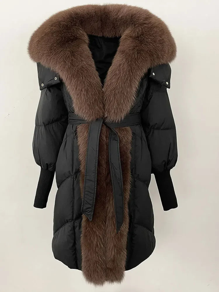 2025 Autumn Winter Women Coat Real Natural Fox Fur Long Down Jacket Thick Warm Casual Hooded White Duck Down Elegant Overwears