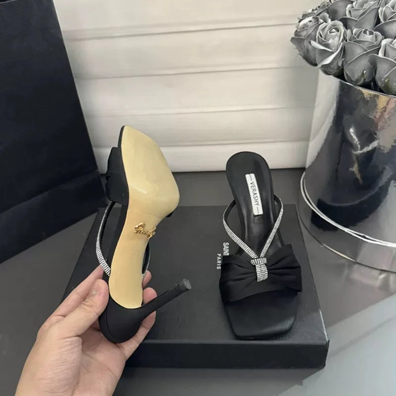 Leopard Satin Rhinestone One-Strap Sandals Women 2025 Summer New Bow Open-Toe Thin High-Heeled Slippers Casual Fashion pump