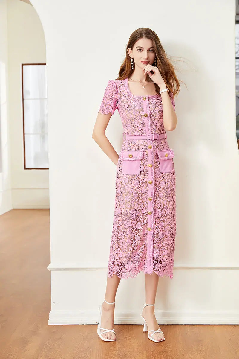 Sheath Bodycon Flower Embroidery Lace Prom Dress – Women's Summer/Fall Short Sleeve Midi Evening Dress