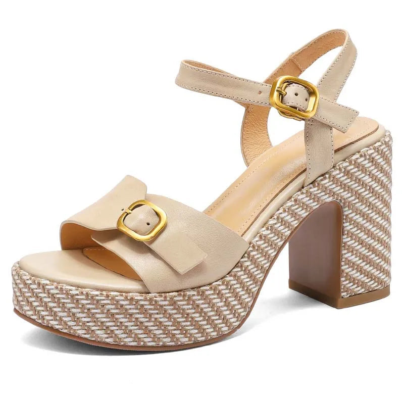 GrabliWorld Women’s Genuine Leather Peep Toe Wedge Sandals Platform Summer Shoes Plus Size 41-42