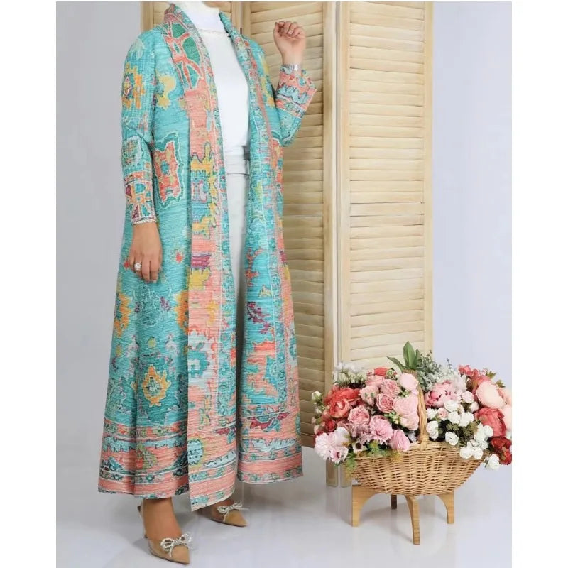 KAF Pleated Large Size Women Trench Coat 2024 Spring and Autumn New Vintage Printed Design Luxury Female Coat Arabian Abaya