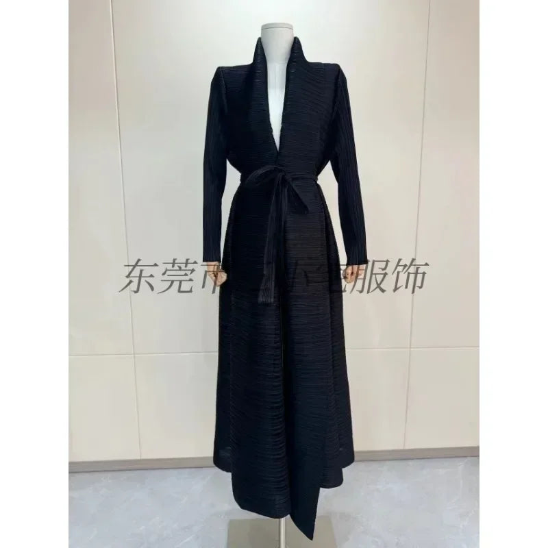 KAF Pleated Women Trench Coat Vintage Printed Cardigan Design Loose Plus Size Women Long Dress Dubai Female Luxury Abaya 2024