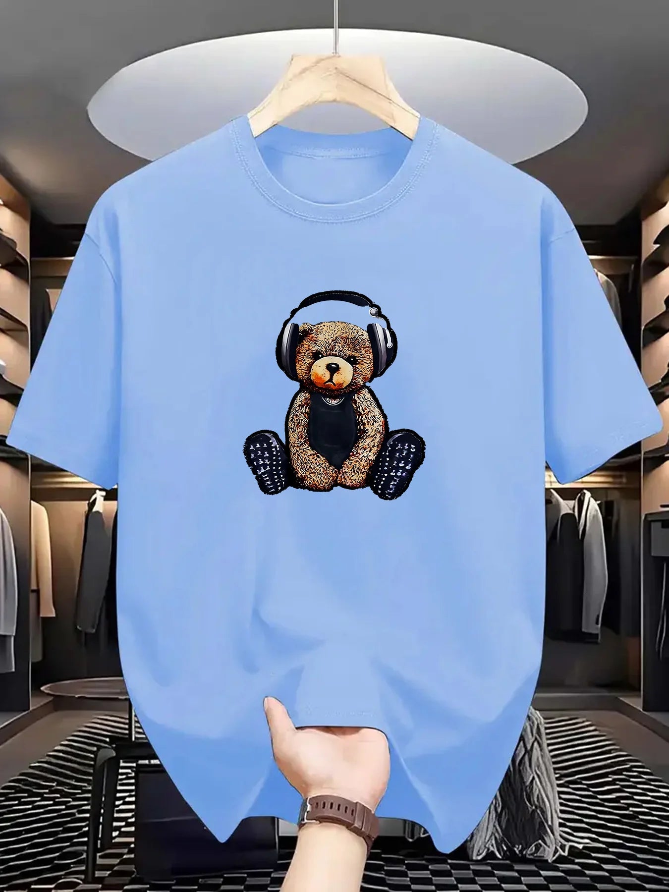Men's Summer 100% Cotton Fashionable Casual Sports Loose Teddy Bear Headphones Print Round Neck Short Sleeve T-shirt Top