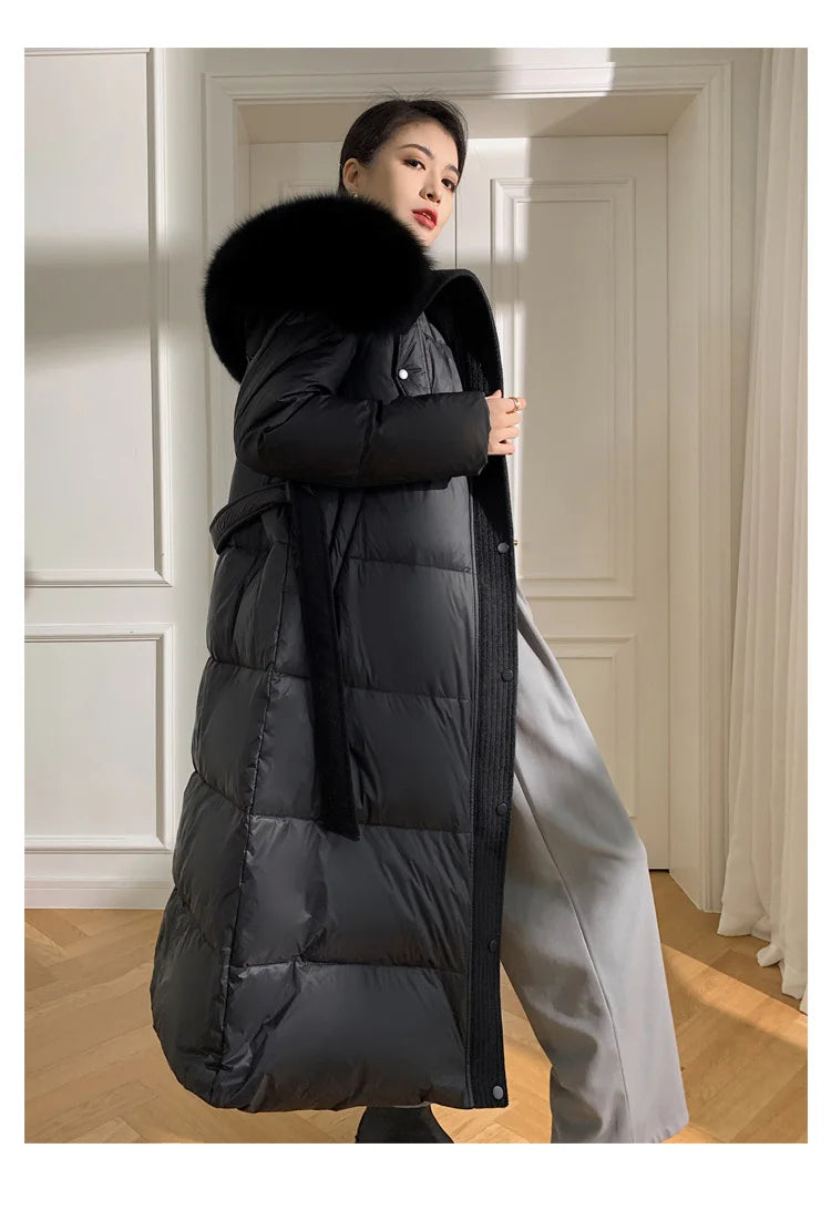 Women’s Luxury White Goose Down Coat – Hooded Long Jacket with Fox Fur Collar & Belt