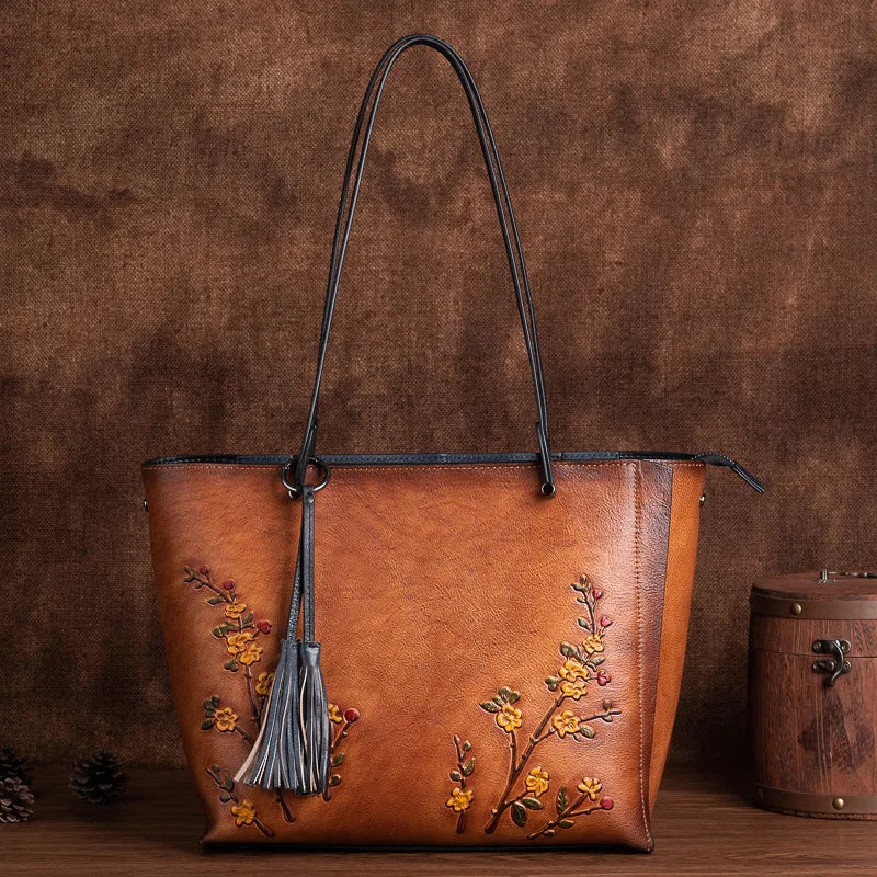 Vintage 3D Floral Embroidery Designer Bag Large Capacity Women's Tote Bag Premium Cowhide Leather Luxury Handbags for Women 2025