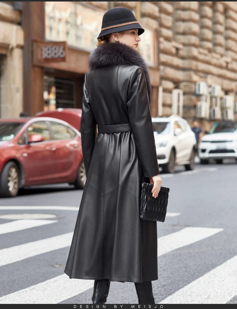 YOLANFAIRY Genuine Leather Down Jacket for Women Elegant Long Coat Women's Winter Jacket Slim Fox Fur Collar Sheepskin Clothes