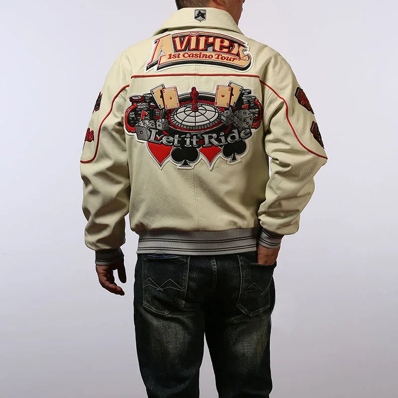 Men leather jacket sheepskin retro leisure Europe the United States large size flight suit loose version casino poker warm