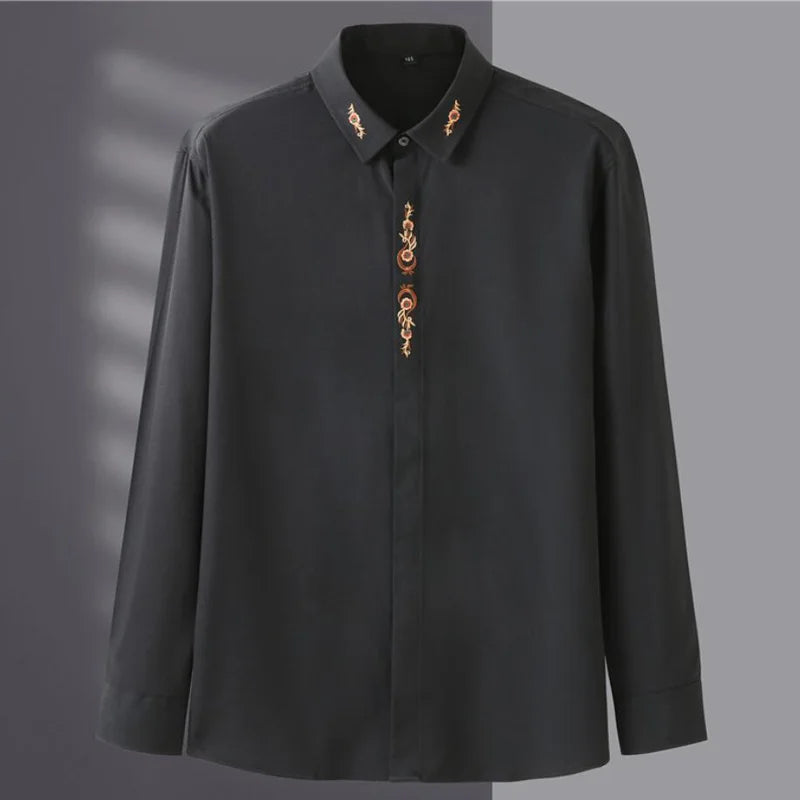 قميص رجالي جديد بأكمام طويلة للخريف بمقاسات كبيرة 7XL 8XL 10XL 12XL فستان عمل مطرز فضفاض غير رسمي بلوزة مرنة ملابس