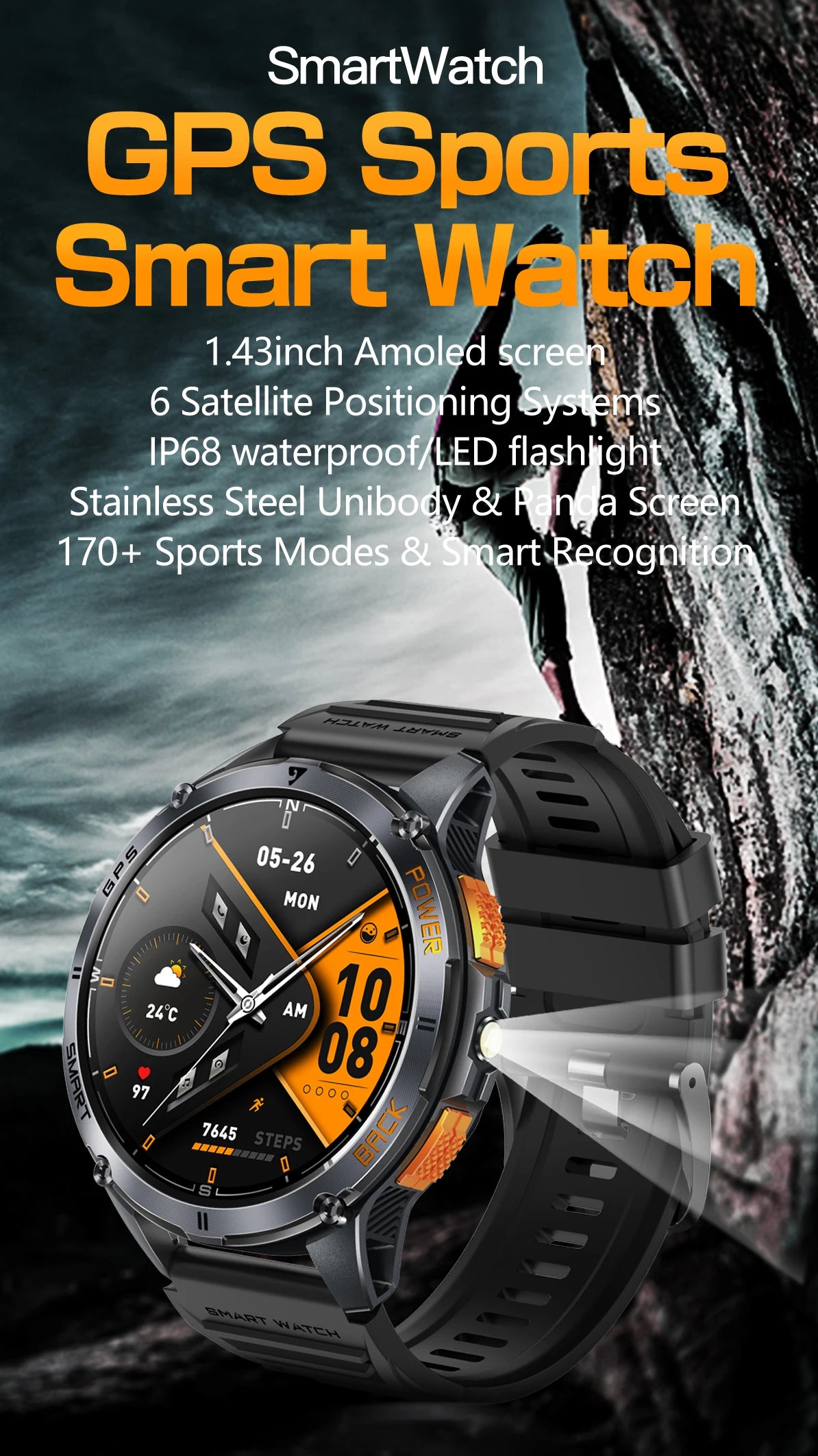 LIGE New GPS tracking Smart Watch BT Call 466*466 AMLOED Screen Heart Rate 530mAh Battery Outdoor Compass Flashlight Smartwatch