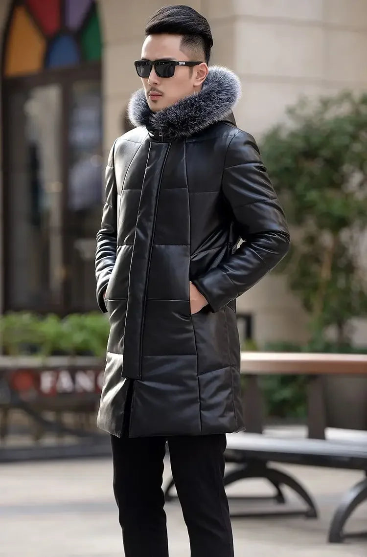 Down Jacket Genuine Leather Jacket Men's Mid Length Slim Fit Hooded Sheepskin Coat Man Puffer Jacket Winter Thicken Windbreaker