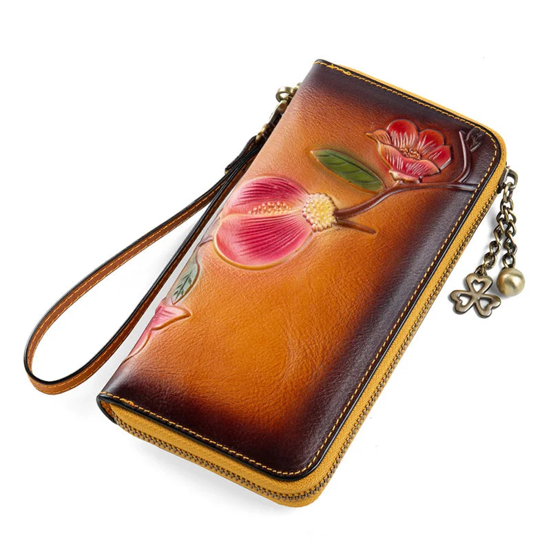 MOTAORA Vintage Genuine Leather Women's Long Wallet | RFID Protected Zipper Purse with Card Holders & Phone Pocket