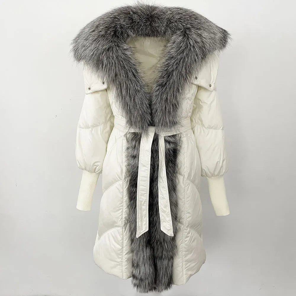 2025 Autumn Winter Women Coat Real Natural Fox Fur Long Down Jacket Thick Warm Casual Hooded White Duck Down Elegant Overwears