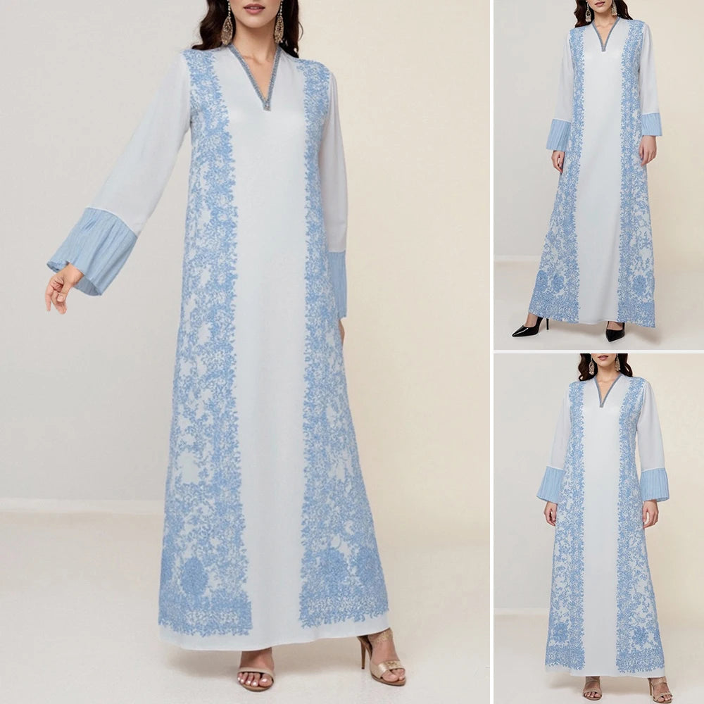 Rafiah Women's Arabian Dress Spring Summer Fashion Solid Color Patchwork Long Sleeve V-Neck Loose Arabian Dress For Women