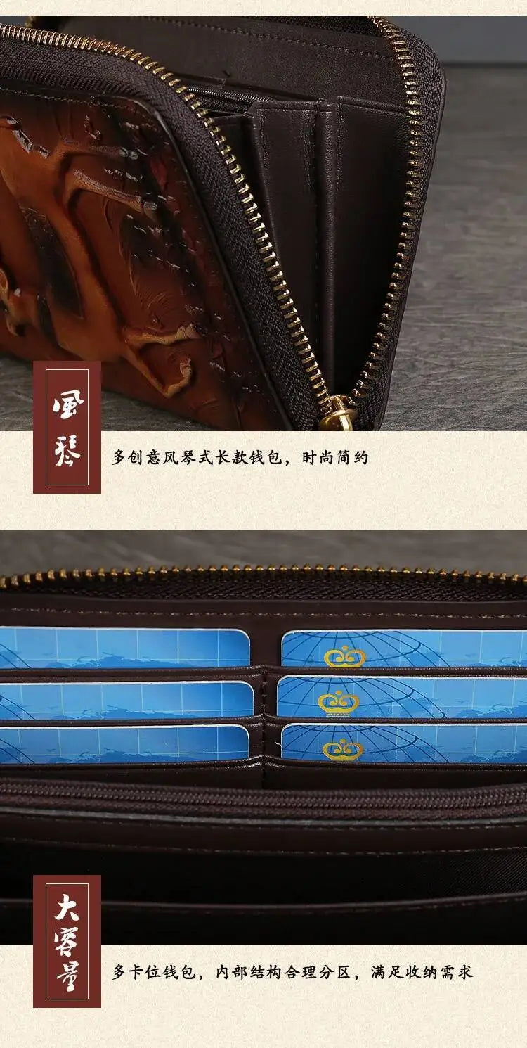 MOTAORA New Embossed Genuine Leather Wallet For Women’s Long Zipper Large Capacity Handbag Ethnic Style Card Phone Bag Purses