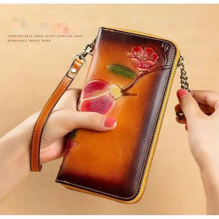 MOTAORA Vintage Genuine Leather Women's Long Wallet | RFID Protected Zipper Purse with Card Holders & Phone Pocket