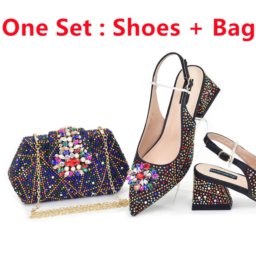 Elegant Baldauren Women’s Italian-Style Pointed Toe Slingback Pumps with Crystal Rhinestones & Matching Bag – African Party & Wedding Set (Sizes 37-43)
