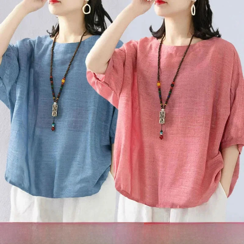 plus Size Women's Cotton T-irt ort Sve Summer New Sle Pure Linen Mid-Age Women's Faionable Commute Ethnic Sle Lo...