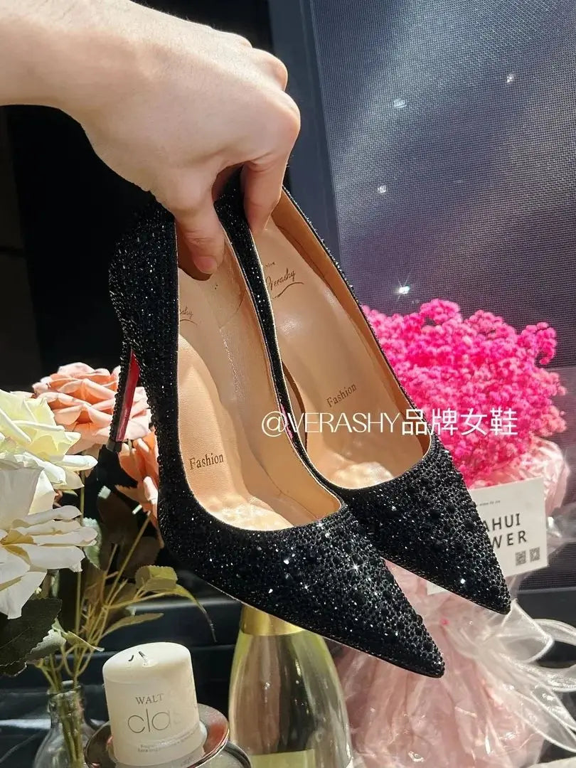 Crystal red soled high heels, black pointed shallow mouth single shoes, thin heels, evening temperament women's shoes