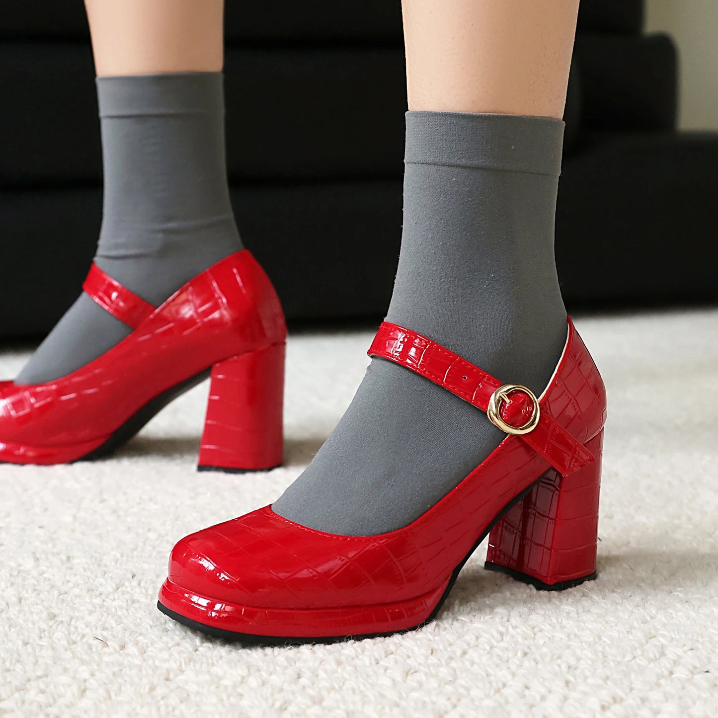 Women’s Platform Strappy Mary Jane Heels – Black & Red Patent Alligator Print – Sizes 31–50
