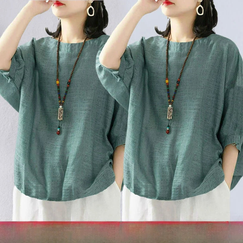 plus Size Women's Cotton T-irt ort Sve Summer New Sle Pure Linen Mid-Age Women's Faionable Commute Ethnic Sle Lo...