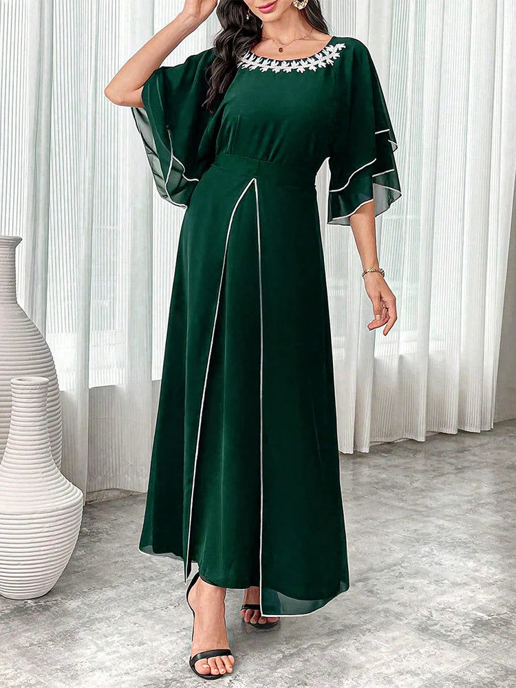 Rafiah Loose Summer Dress with Elegant Embroidery Details at the Waist Appliques A-Line Fashion Multilayered Arabian Dress