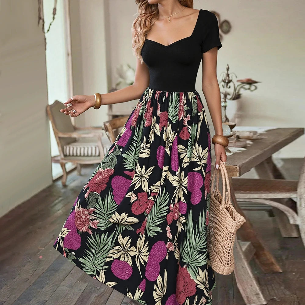 Rafiah Women's Summer Arabian Dress Long Dress 2025 French Sweetheart Neck A-Line Maxi Paisley Casual Dress