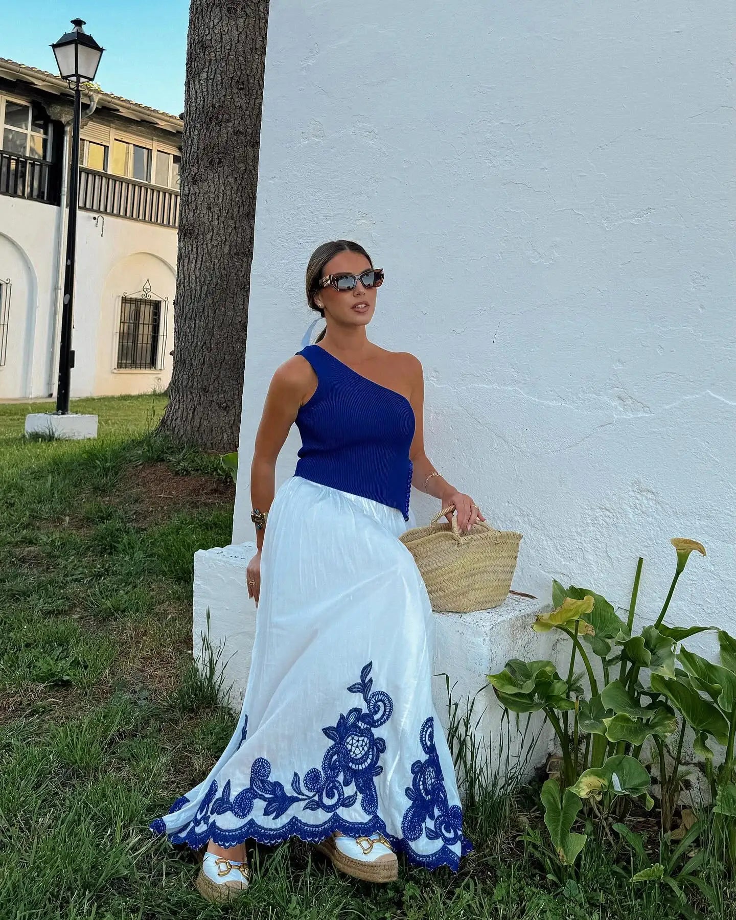 TRAFZA 2024 Women Skirt Set Blue Embroidery Three Quarter Bat Sleeve Shirt +Folds A Line Long Skirt Casual Loose Beach Holiday