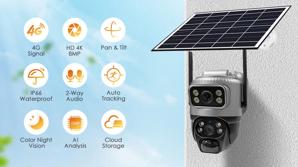 4G Solar Camera Outdoor Dual Lens PTZ Low Powered CCTV Video V380 Cameras PIR Motion Detect Security Protection Surveillance Cam