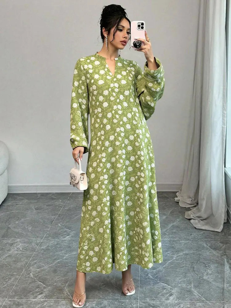 Rafiah Women's Even Dress Arabian 2025 Summer Chic Full Print Long Sleeve Half Open Collar Midi Draped Long Dress