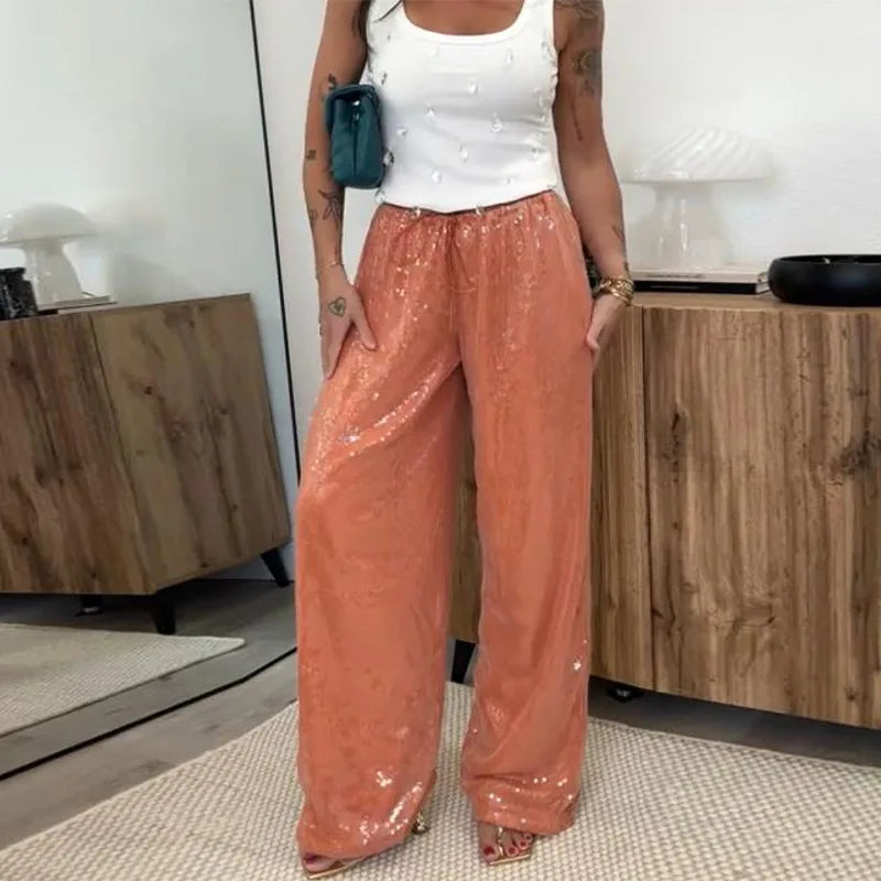 Loose Solid Color Sequin Pants Woman Cinched Waist Glitter Straight Baggy Long Pants Casual Street Chic Sparkle Women's Trousers