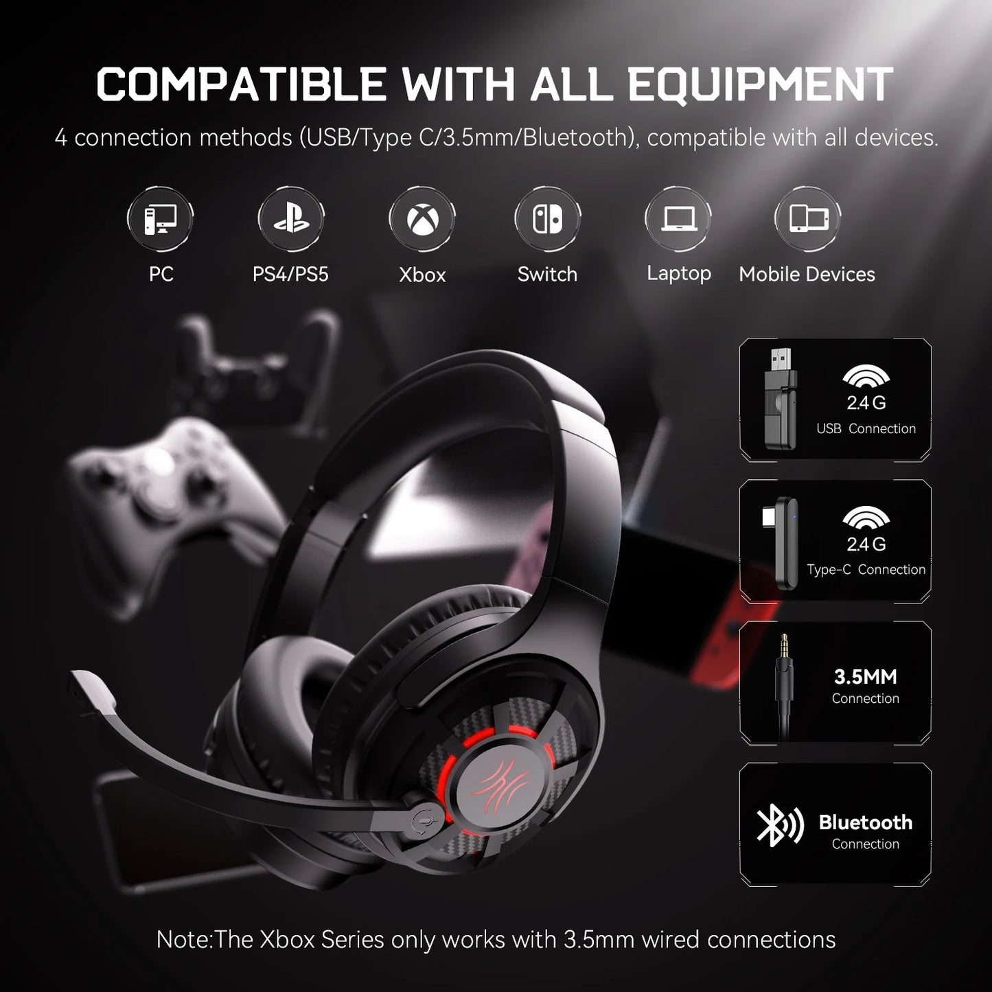 Oneodio G18BT 2.4GHz USB/Type C Wireless Gaming Headset Bluetooth 5.3 Headphones Gamer With Noise Cancelling Mic for PC PS4 PS5