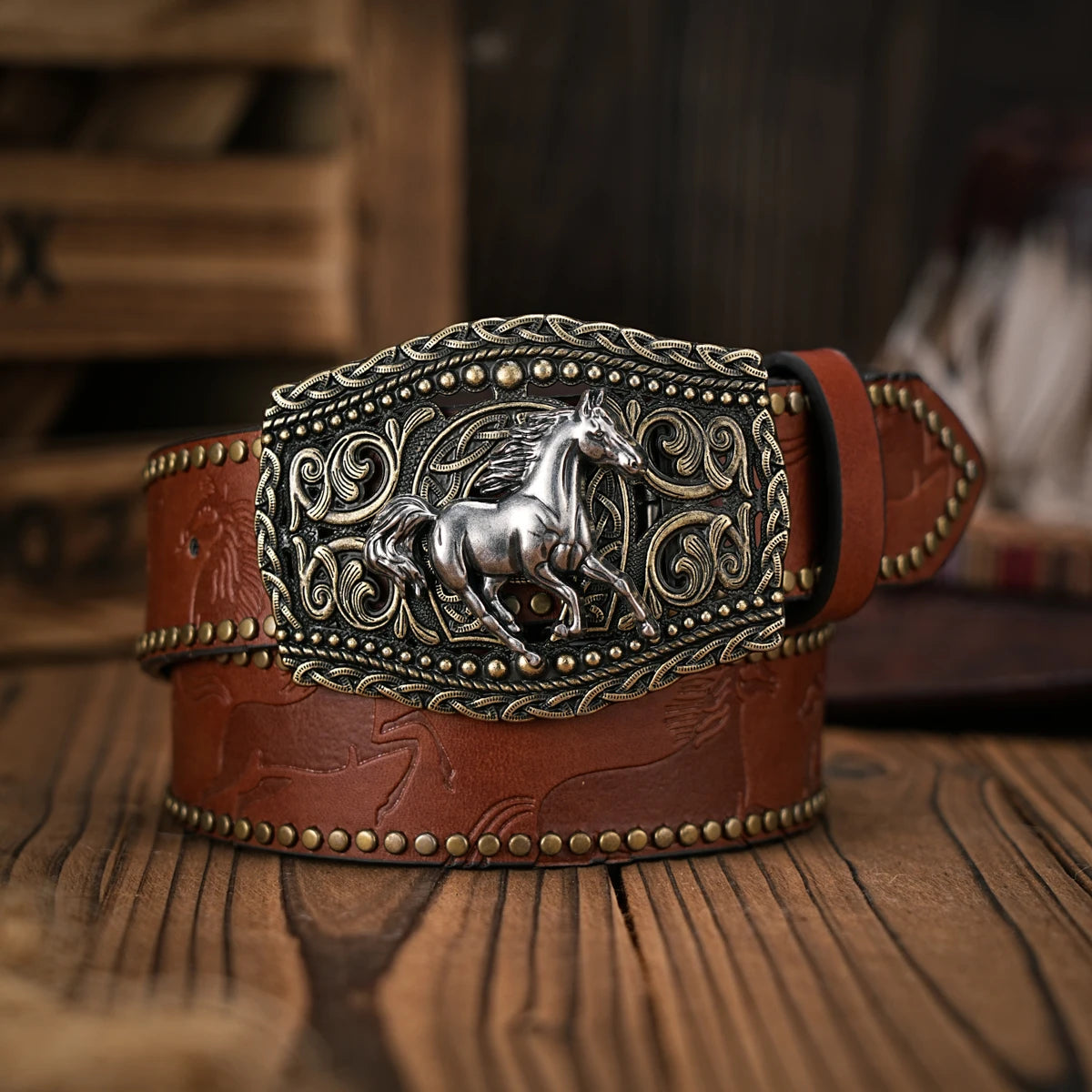 Men & Women-Western-Cowboy-PU Leather-Belts - Vintage Belt Floral Engraved Buckle Belt for Jeans