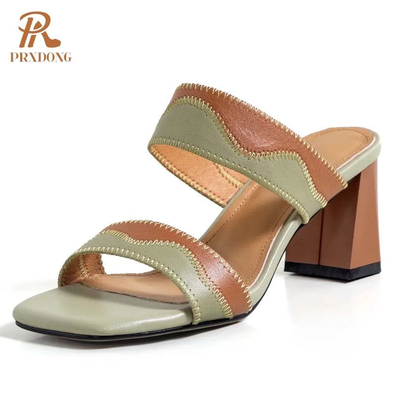 GrabliWorld Women’s Genuine Leather Medium Heel Open Toe Sandals – Summer 2025