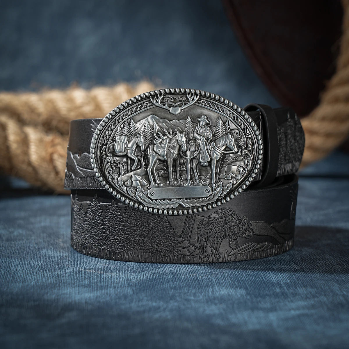 Men & Women-Western-Cowboy-PU Leather-Belts - Vintage Belt Floral Engraved Buckle Belt for Jeans