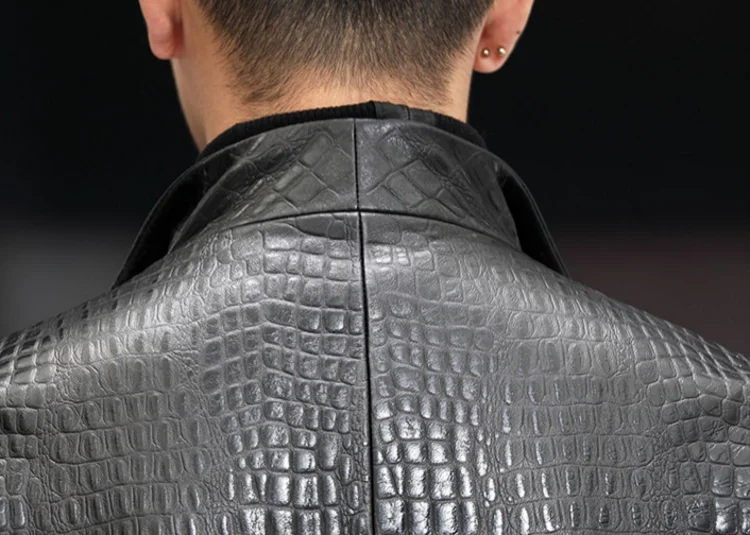 High Quality Luxury Genuine Leather Blazers Men Spring Slim Office Man Embossing Real Sheepskin Coat Suit Jacket Size Runs Small