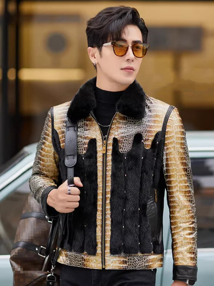 Men’s Party Mink Fur Sheepskin Leather Jacket – Slim Fit Patchwork Winter Coat