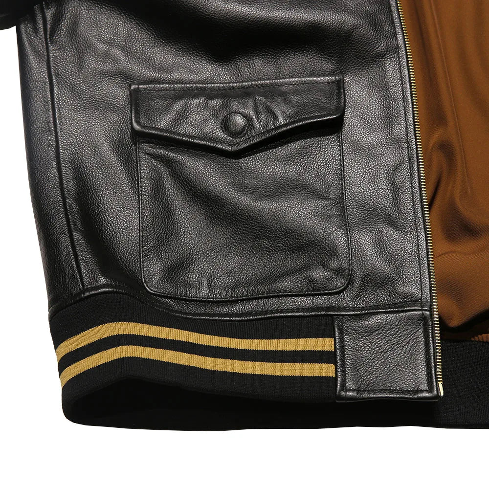 Men's top quality stand collar real leather jacket baseball tiger embroidery Fashion leisure first layer cowhide leather coat