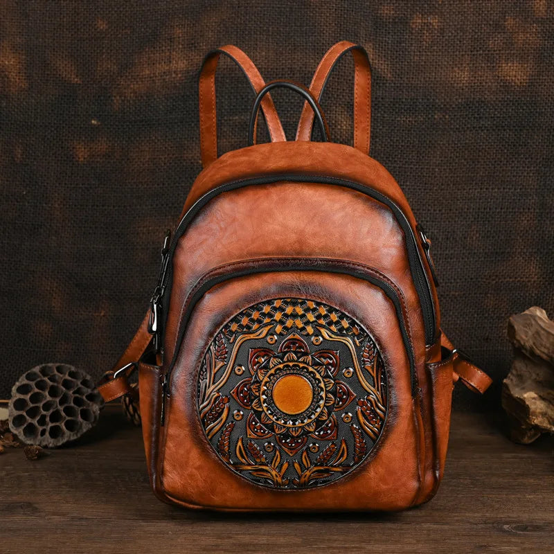 MOTAORA Vintage Leather Backpack Women Large Capacity Embossed Casual Travel Backpack Anti-Theft Waterproof Handbag Purse