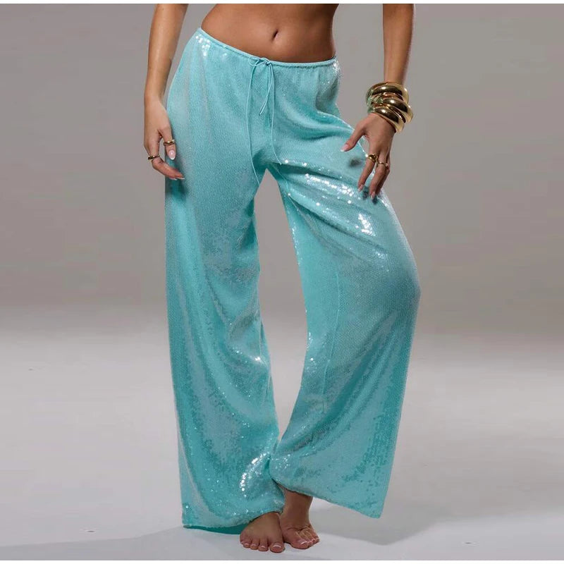 Loose Solid Color Sequin Pants Woman Cinched Waist Glitter Straight Baggy Long Pants Casual Street Chic Sparkle Women's Trousers