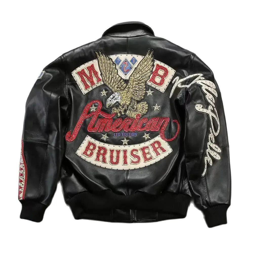 US size men's Hip Hop Sheep skin Varsity Jacket Embroidered Diamond Classic Casual Sport genuine leather Coat tops