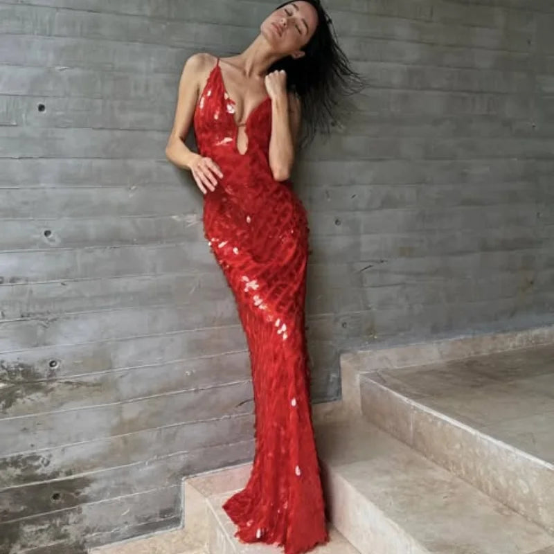 Glitter Sequins Spaghetti Strap Evening Gown – Women’s Sleeveless Backless Floor-Length Party Dress