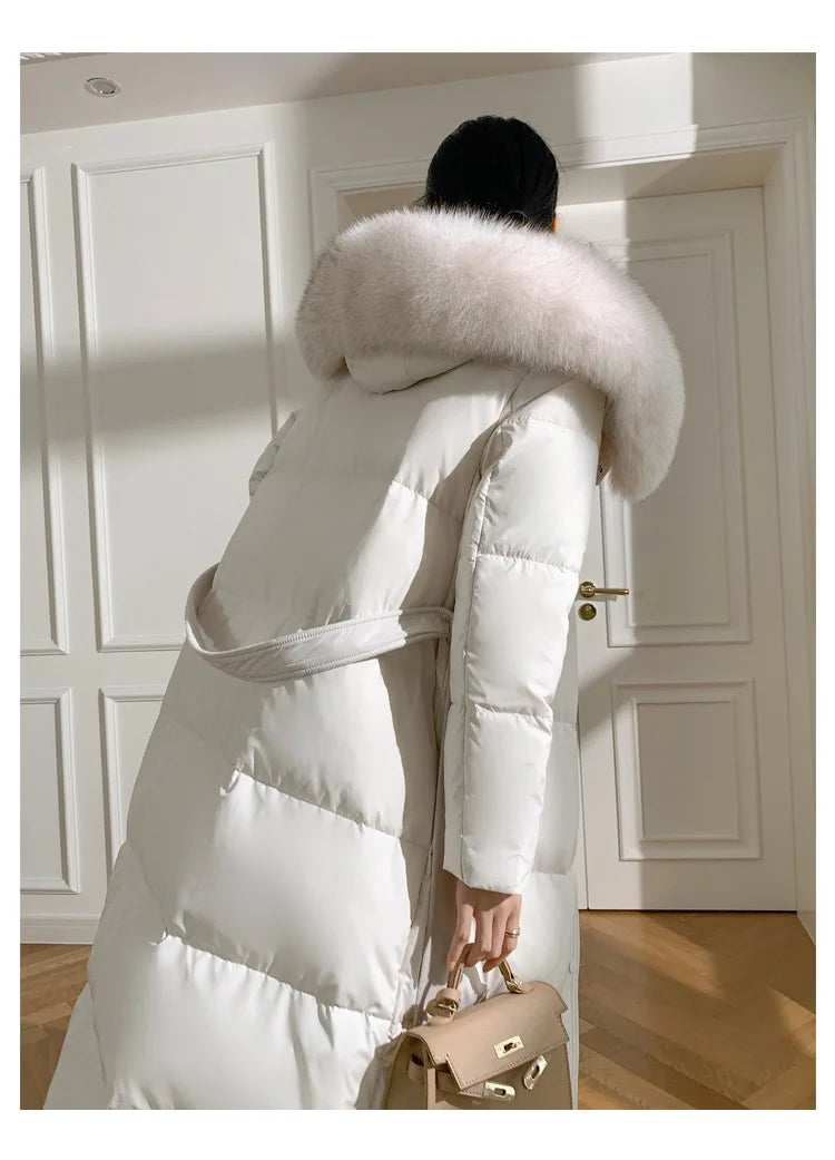 Women’s Luxury White Goose Down Coat – Hooded Long Jacket with Fox Fur Collar & Belt
