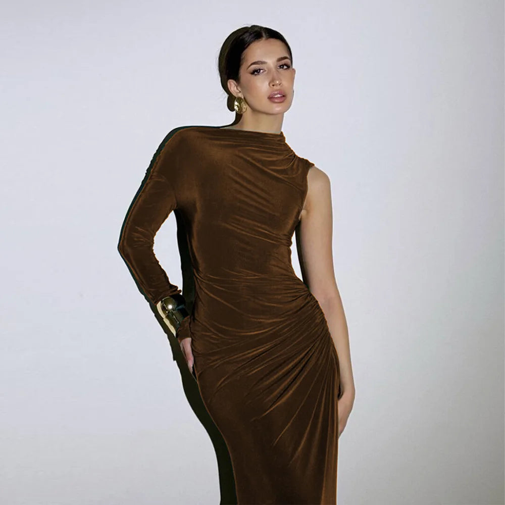 Articat Elegant Single Sleeve High Elasticity Tight Fold Dress Women New 2025 Winter Party Club Evening Dress Bodycon Vestdos