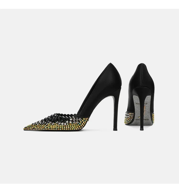 Black Rhinestone High Heels Women's New Summer Style Socialite Small Stature Thin Heels Pointed And Sexy Women's Shoes
