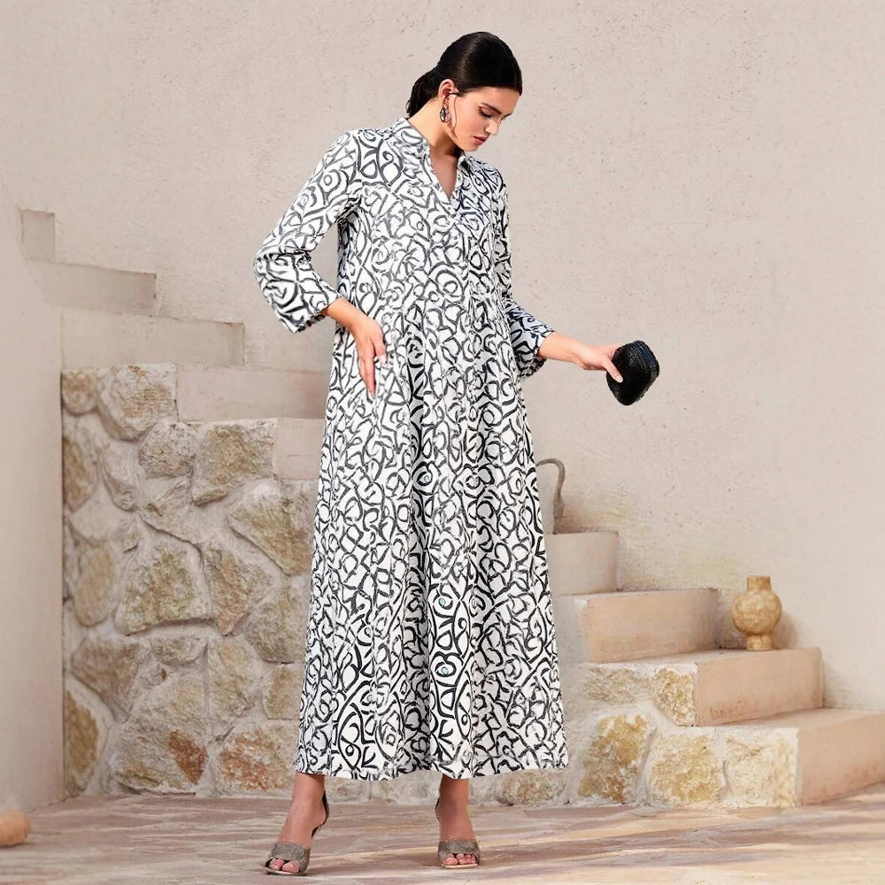 Plus Size Rafiah Women's Summer Arabian Dress 2025 Line Printing Long Sleeve Half Open Collar A-Line Draped Long Dress