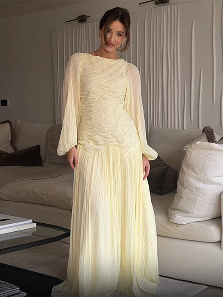Elegant Pleated Lantern Sleeve Mid-Calf Dress – Women’s O-Neck Holiday Beach Outfit