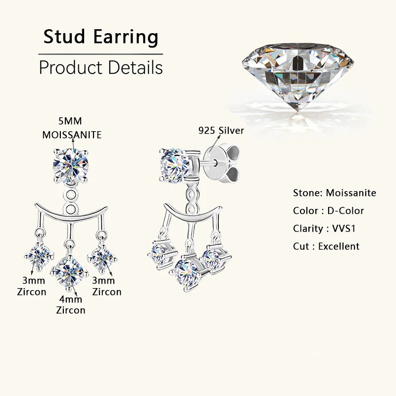 Lnngy Dazzling 5mm 0.5ct Moissanite Earrings For Women 925 Sterling Silver Double Wear Stud Earring Pendientes Plata 925 Jewelry