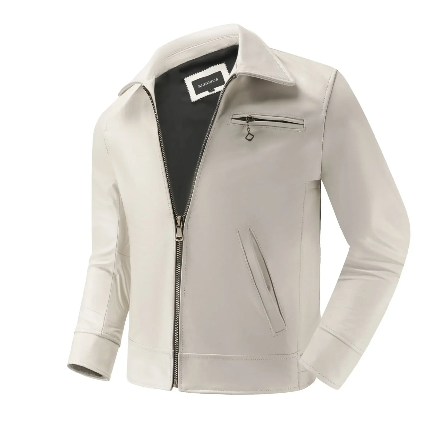 Men's Genuine Leather Jacket White Lapel Calfskin Jacket Natural Cowhide Men's Coat Slim Fit Top Layer Cowhide Biker Jacket